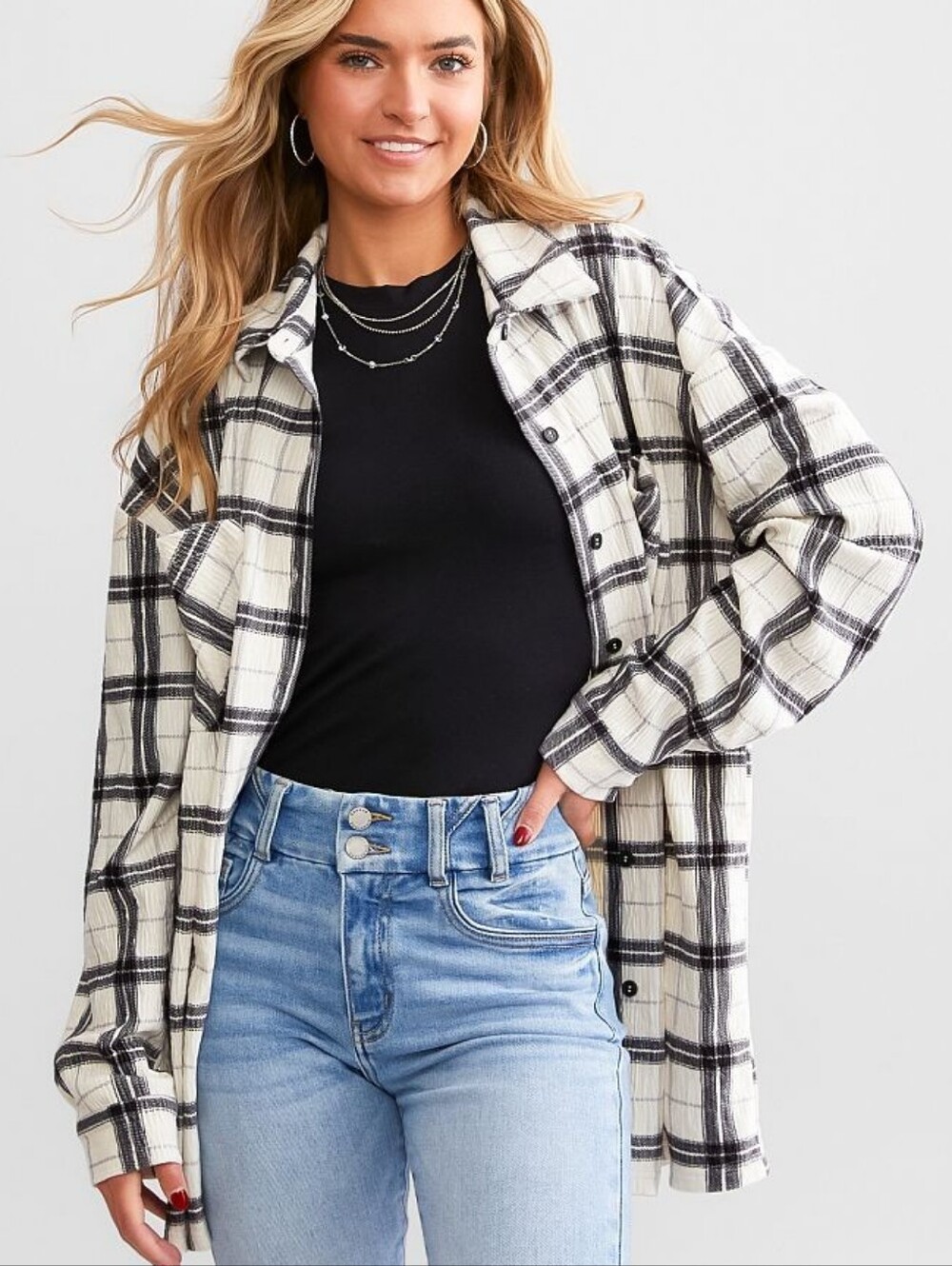 BKE Velvet Boyfriend Flannel Shirt Womens XL Plaid Button Down White Black Soft